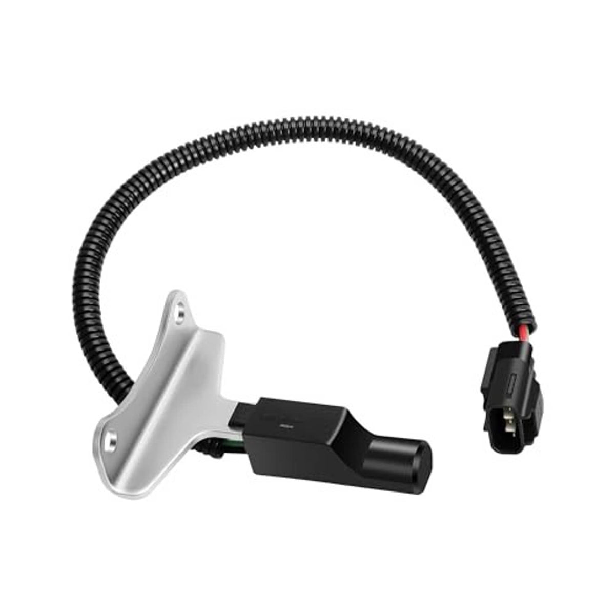 Crankshaft position sensor with mounting plate and black coiled cable, two-pin plug