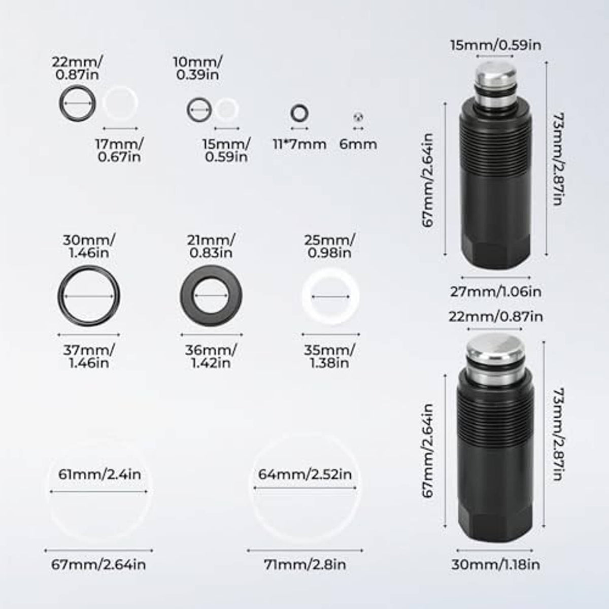 Dual pump piston plunger repair kit size chart with black cylinder dimensions