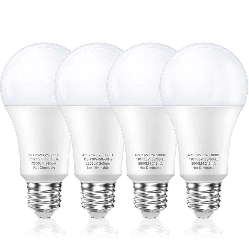 Four frosted A21 LED light bulbs with E26 screw bases, daylight white style.