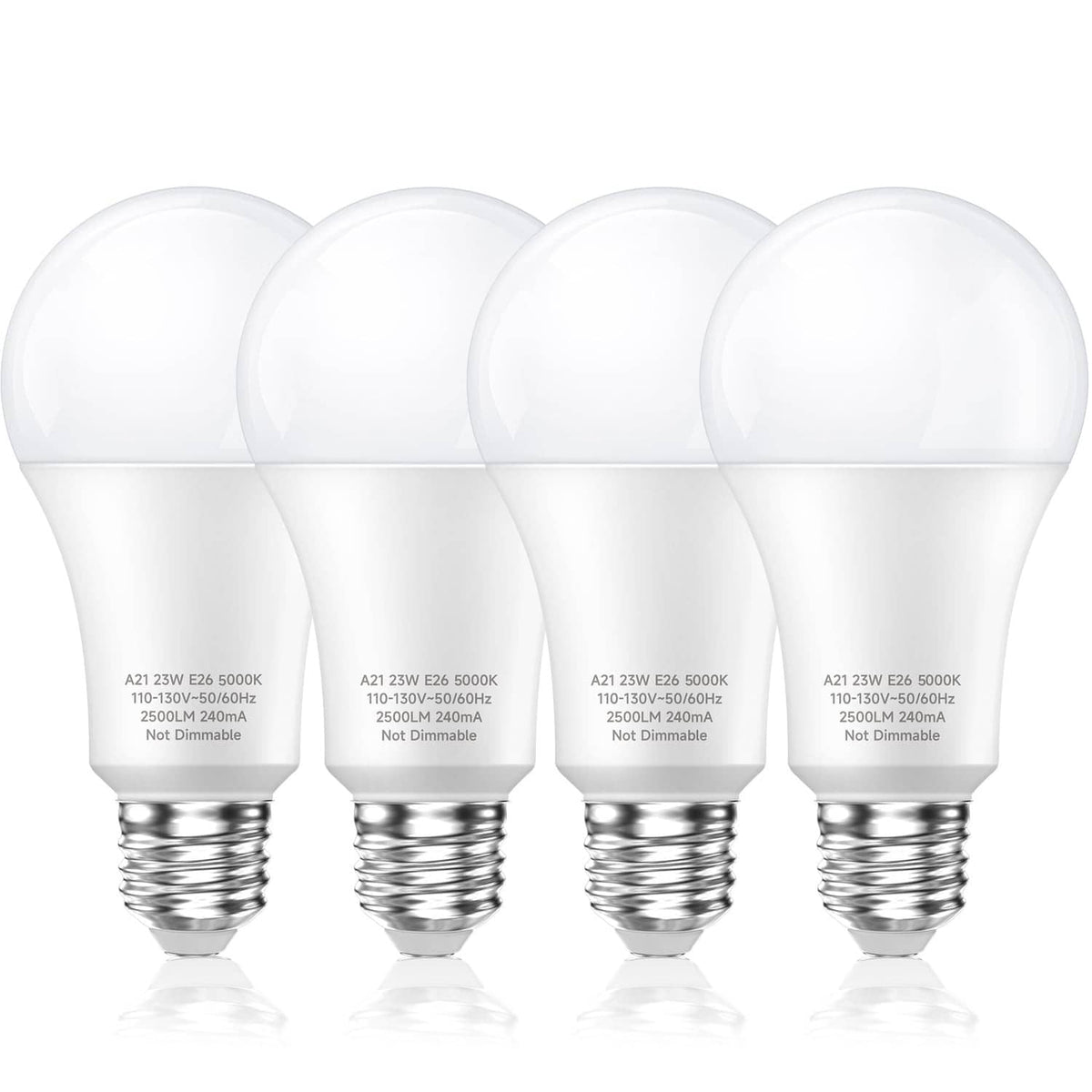 Four frosted A21 LED light bulbs with E26 screw bases, daylight white style.