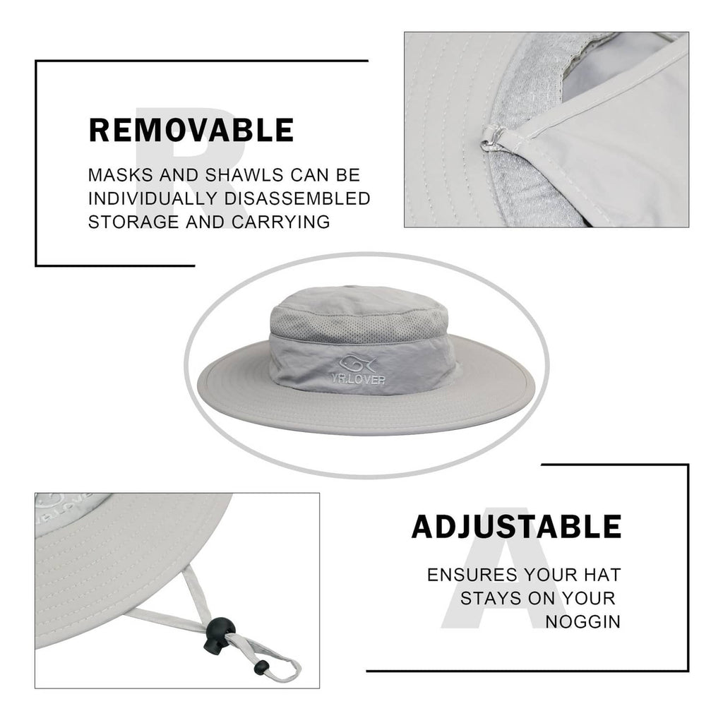 Wide-brim fishing cap with removable neck/face flap and adjustable chin cord, gray