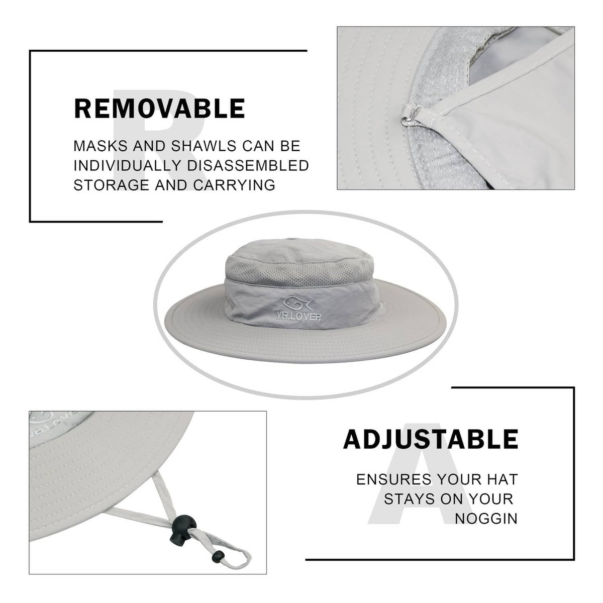 Wide-brim fishing cap with removable neck/face flap and adjustable chin cord, gray