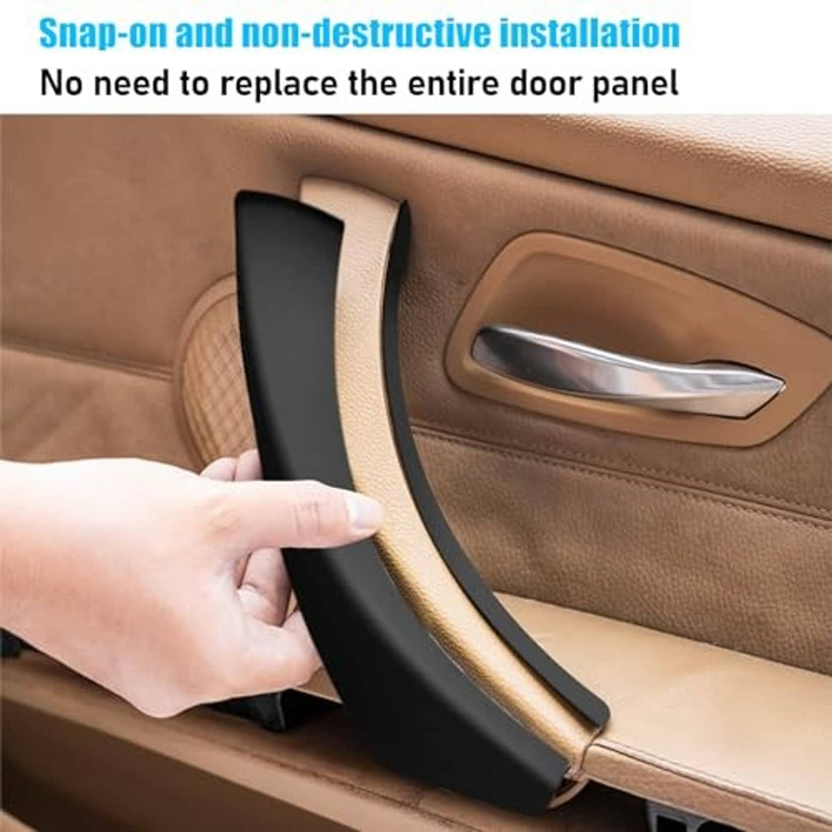 Black door handle cover being installed on a car door handle area by hand.
