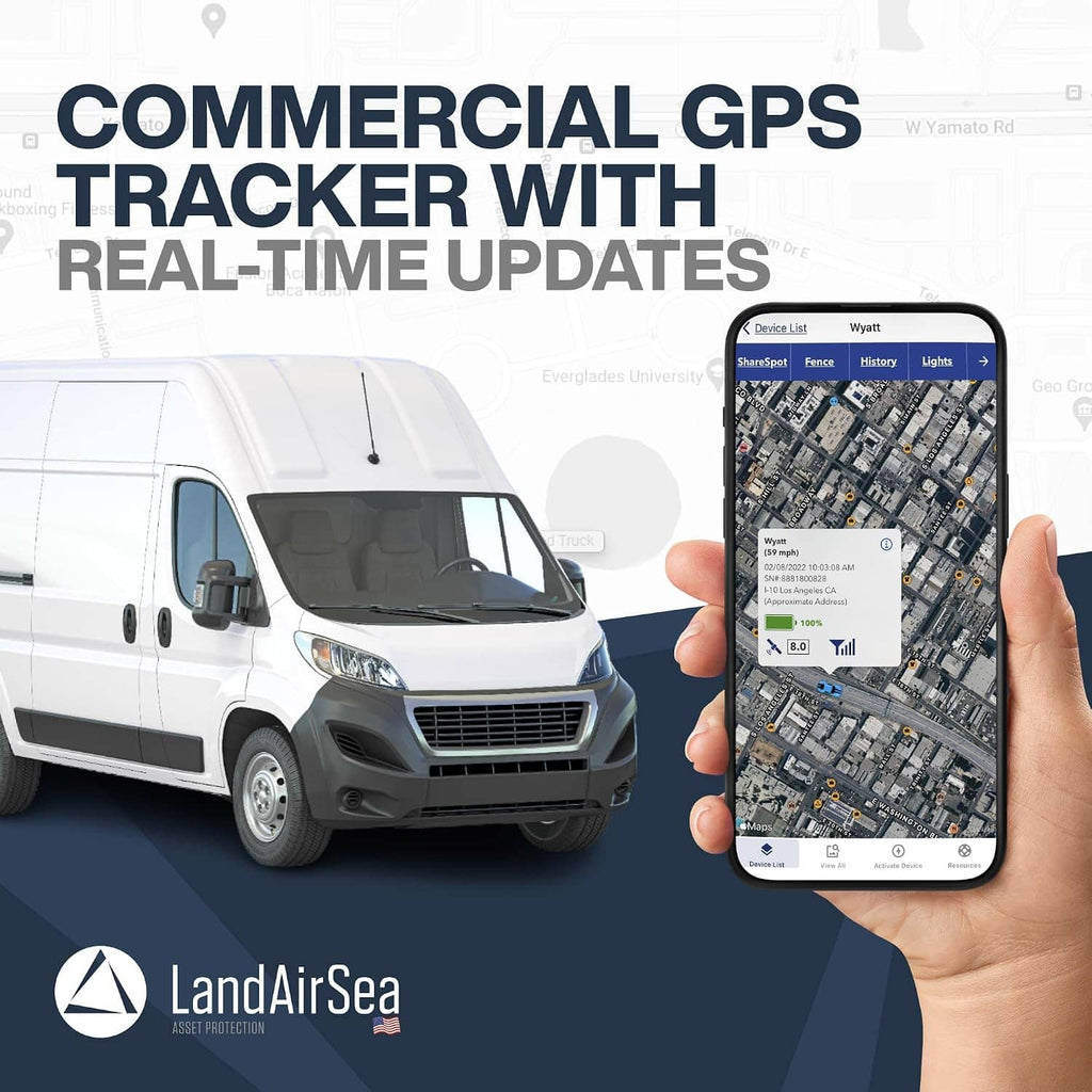 Smartphone displaying a commercial GPS tracker map next to a white delivery van.