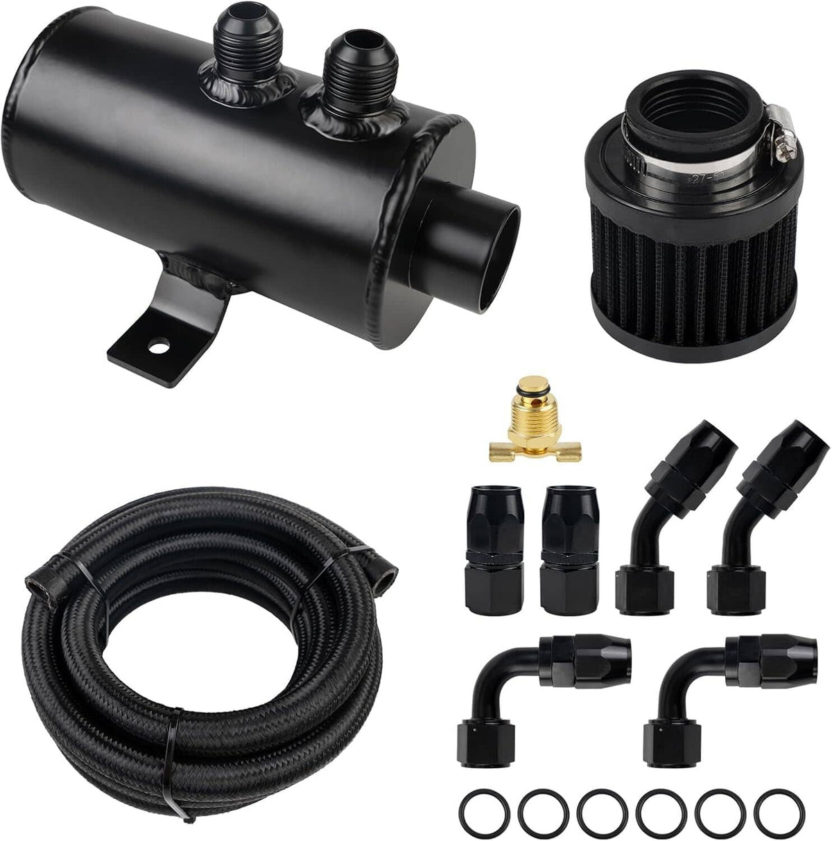 Black dual-breather oil catch can kit with tank, braided hose, fittings, and O-ring hardware