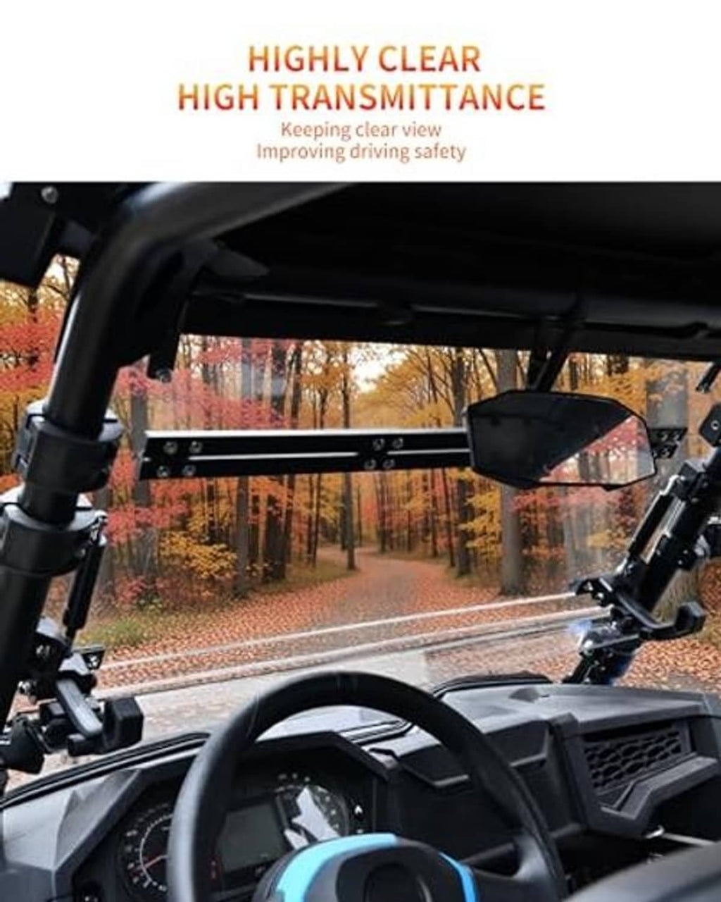 Highly clear flip-up windshield mounted at front with black supports and transparent panel