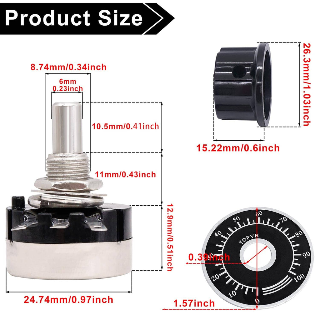 Rotary potentiometer size diagram with shaft, mounting, and dimension lines