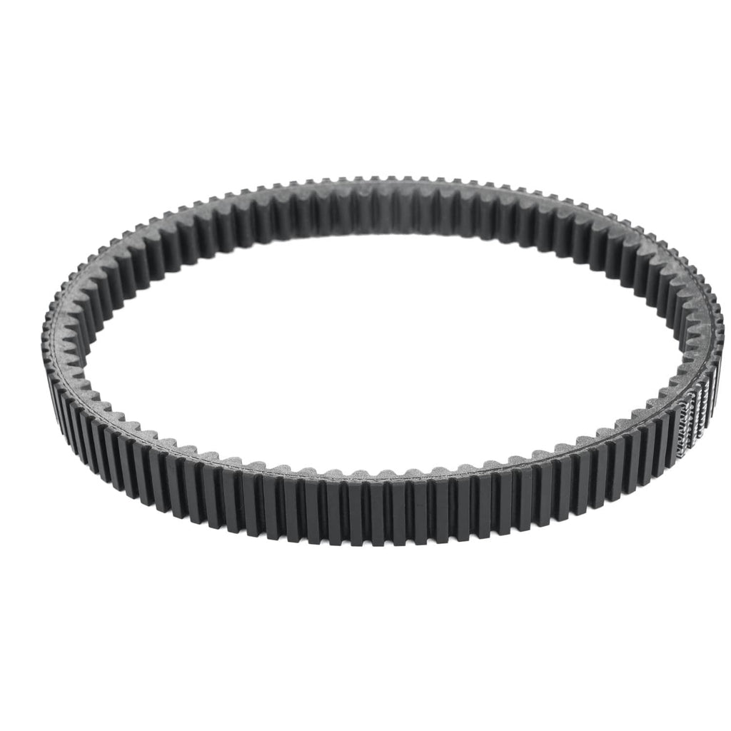 Black toothed drive belt loop, evenly spaced ridges along the edges