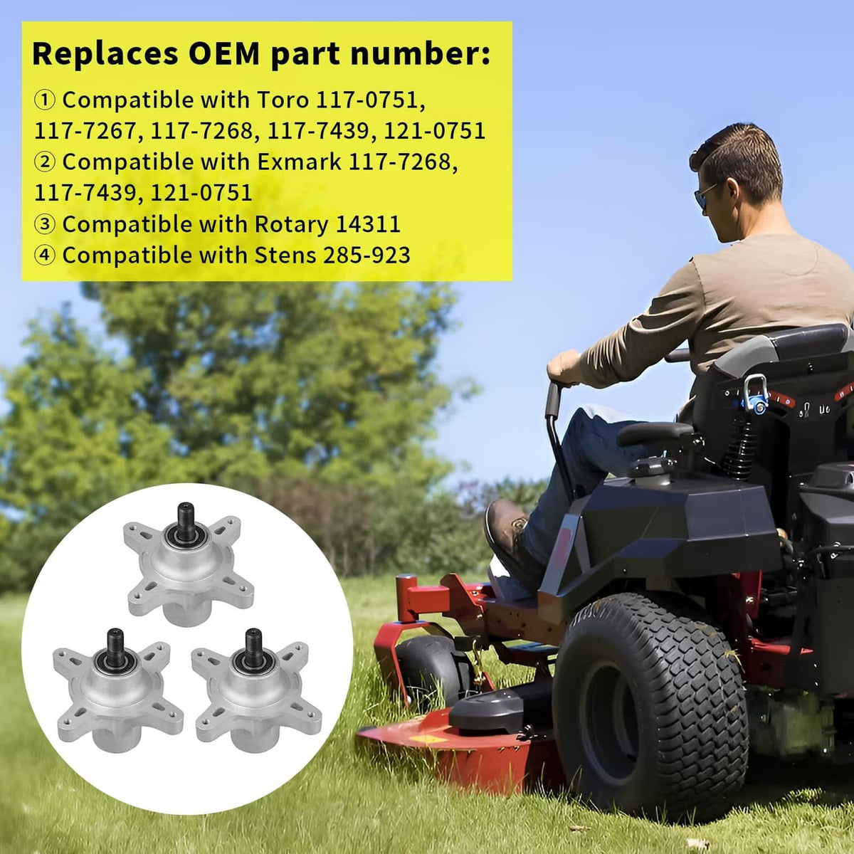 Replacement mower spindle kit, silver star mount with black bushing and brass insert