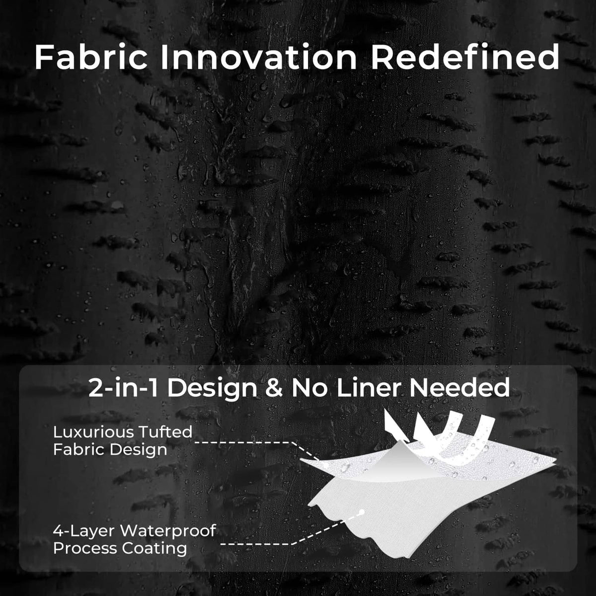 Black shower curtain fabric with water-beading texture and vertical chevron pattern
