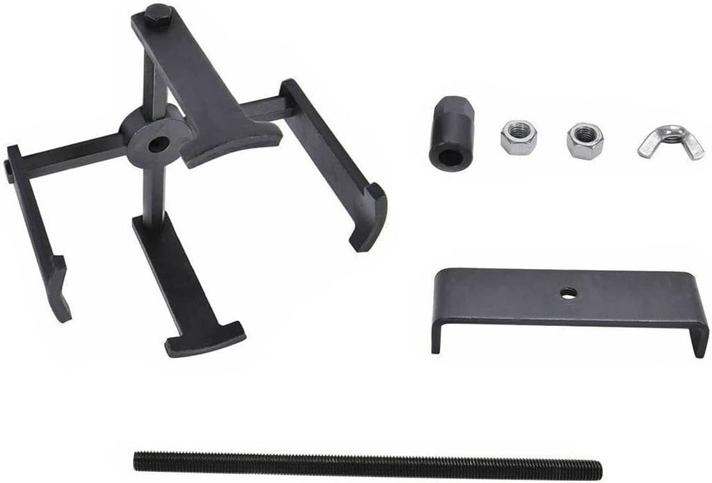 Clutch spring compressor kit with frame forks, head plate, and long threaded screw
