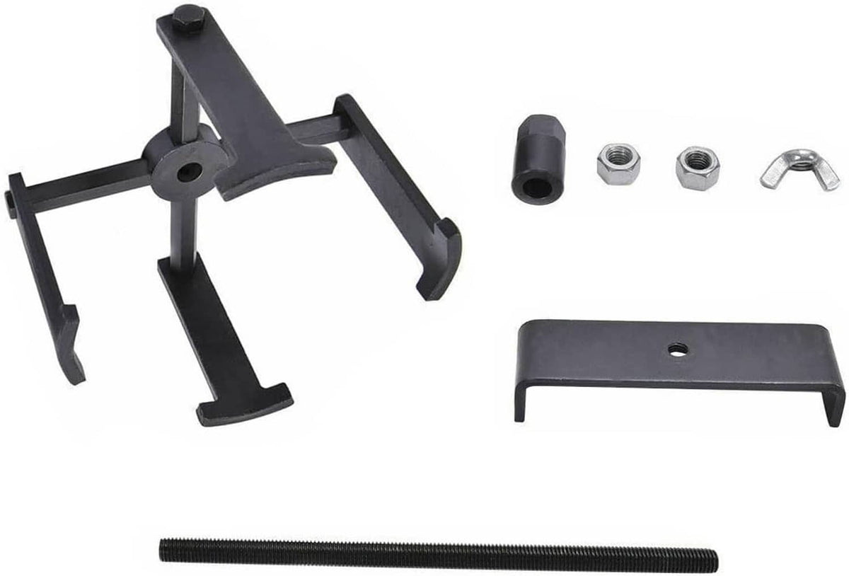 Clutch spring compressor kit with frame forks, head plate, and long threaded screw