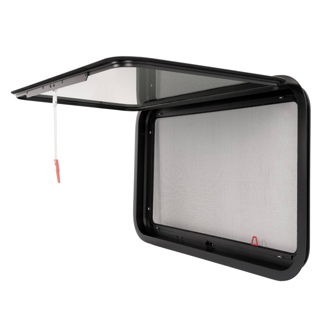 Push-out RV exit window with dark tinted glass and black frame