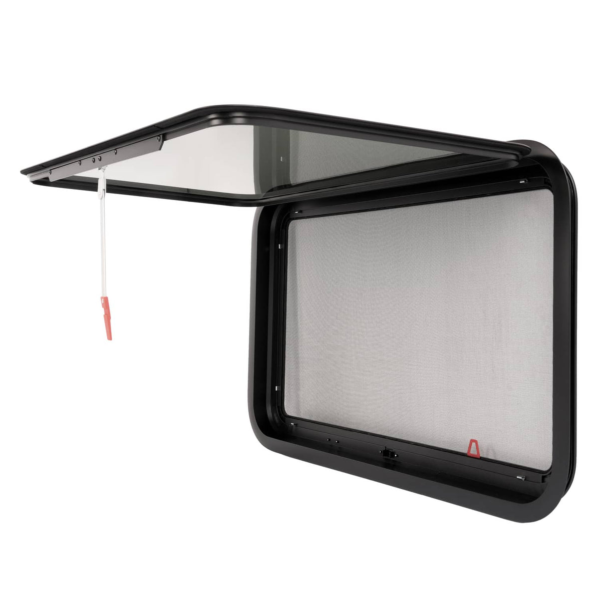 Push-out RV exit window with dark tinted glass and black frame