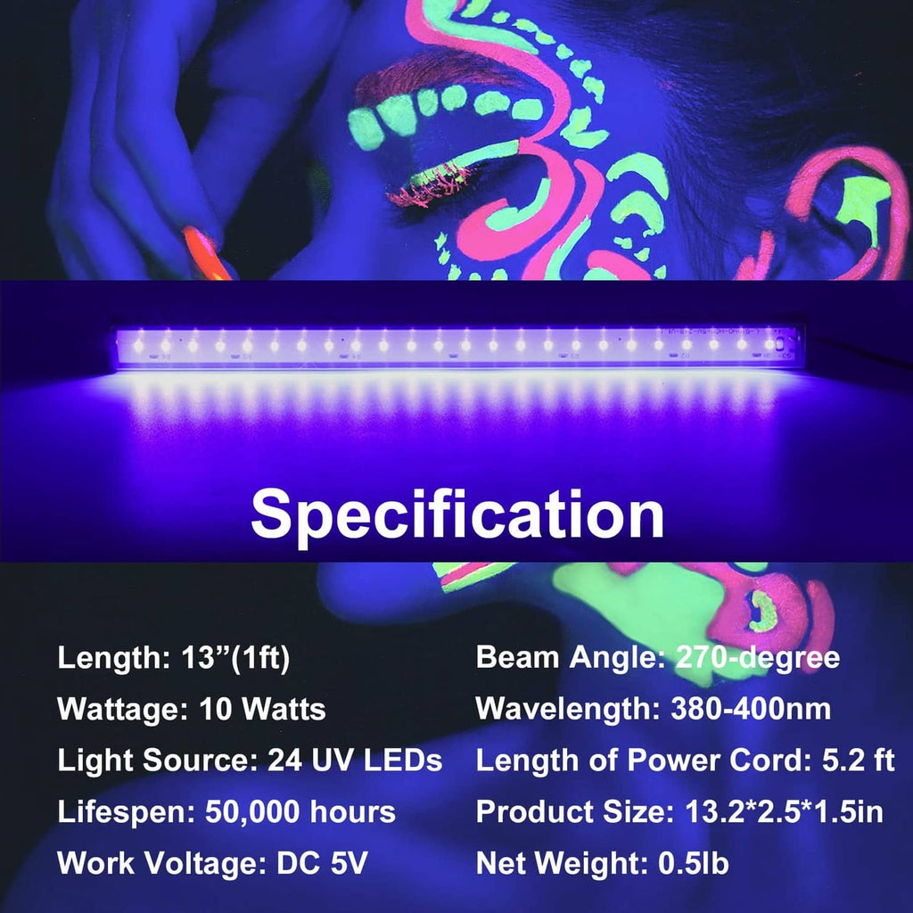 UV LED light bar with bright purple LED dots in a black housing