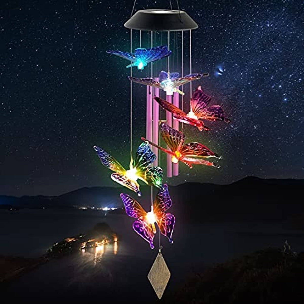Butterfly solar wind chimes with bright colored LED butterfly charms and hanging diamond