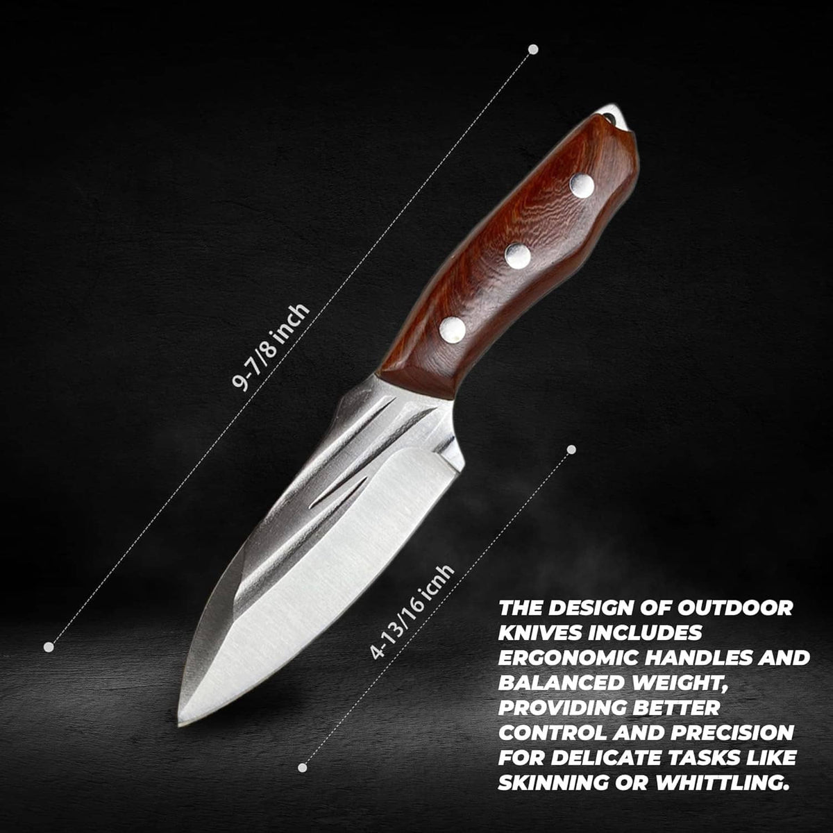 Fixed blade knife with wood handle and brown leather sheath, blade profile view
