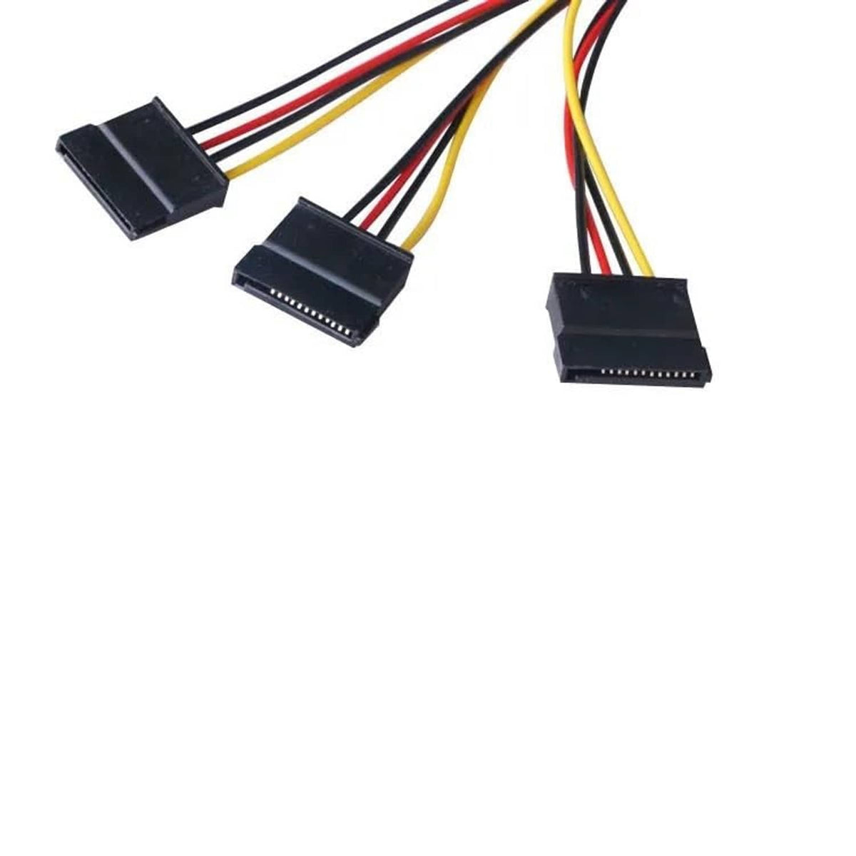 Three black SATA power connectors on a splitter cable with multi-color wiring