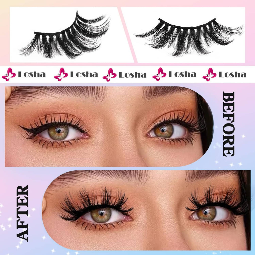 Stacked faux mink lash strips with curved band, black fibers arranged on a display card