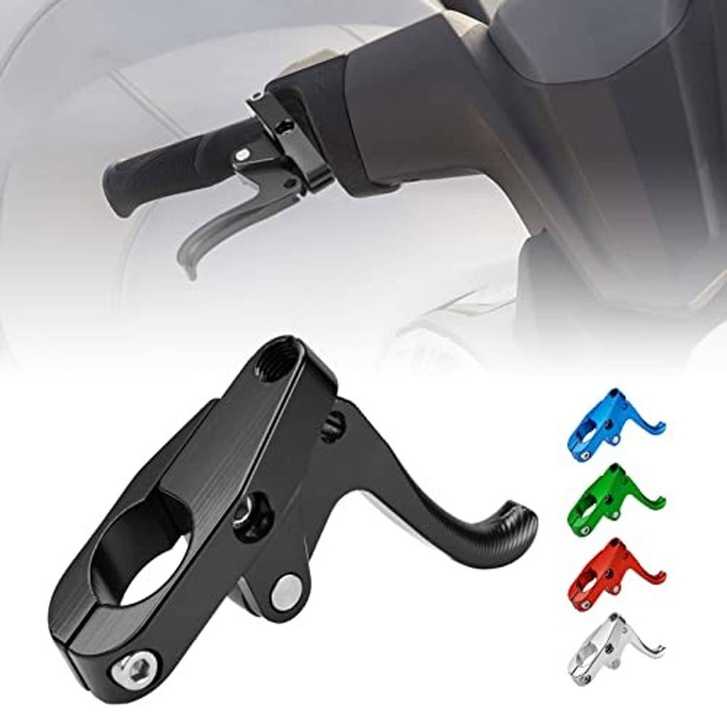 Black throttle handle with curved grip; shows blue, green, red, and chrome lever options