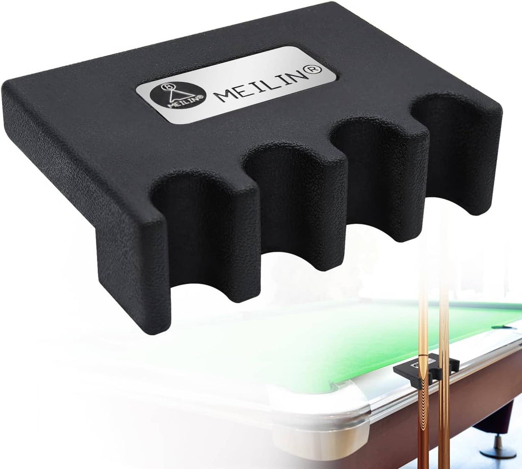 Black 4-cue pool cue holder with four rounded slots and logo patch