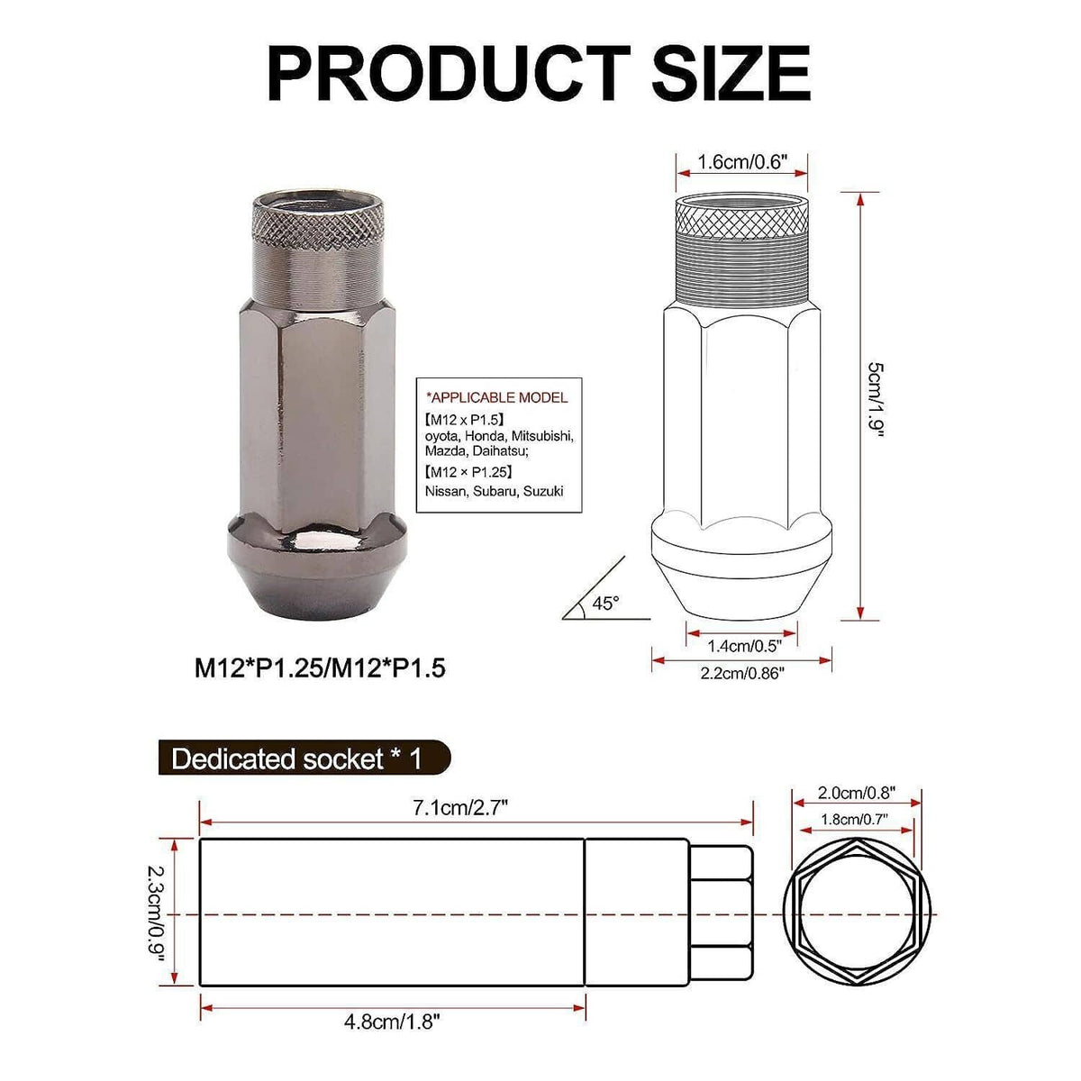 Wheel lug nut size diagram for M12x1.5 thread with overall dimensions