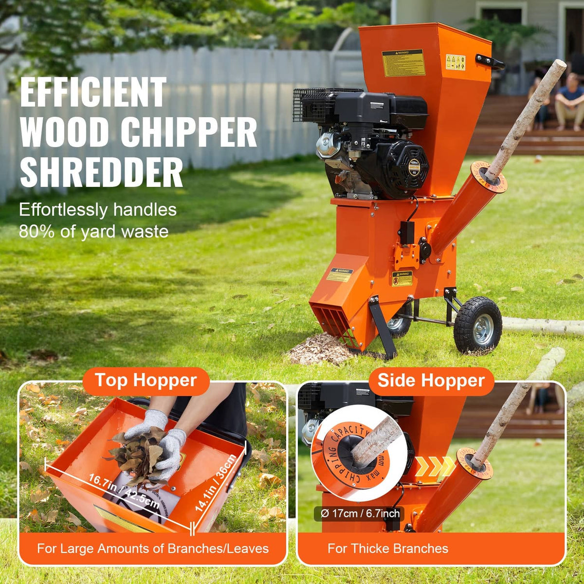 Orange wood chipper shredder mulcher with top and side hoppers and wheels