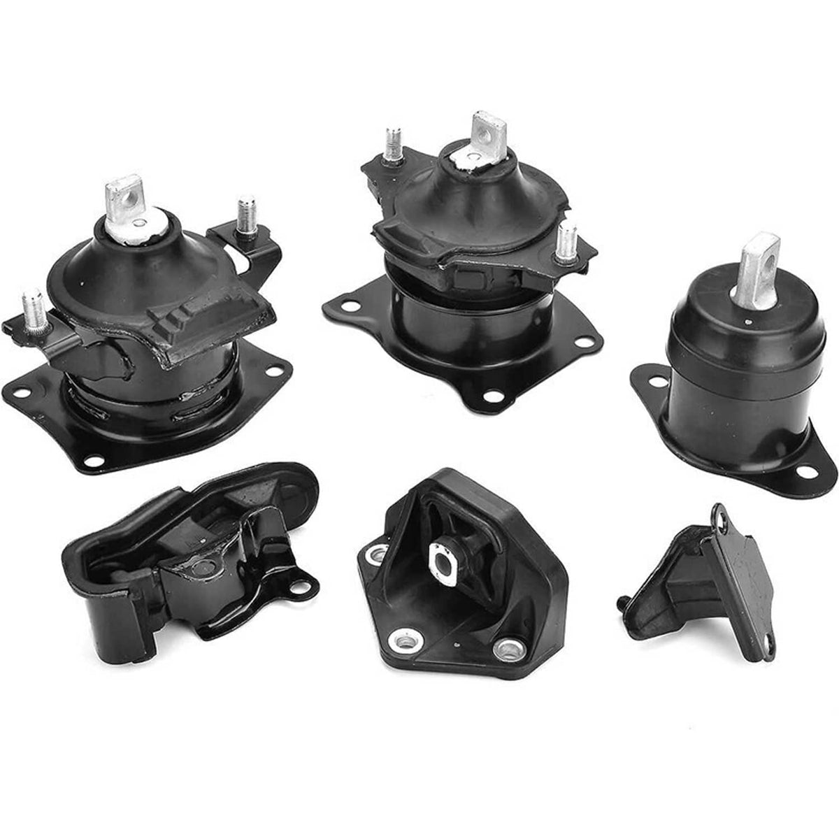 Six-piece black rubber engine mount set with base plates and mounting bolts