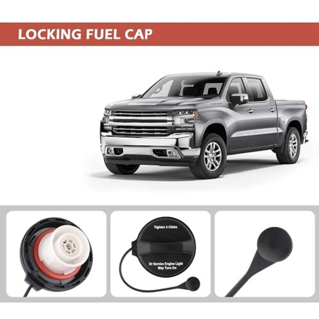 Locking fuel tank cap with tether cord, black circular housing