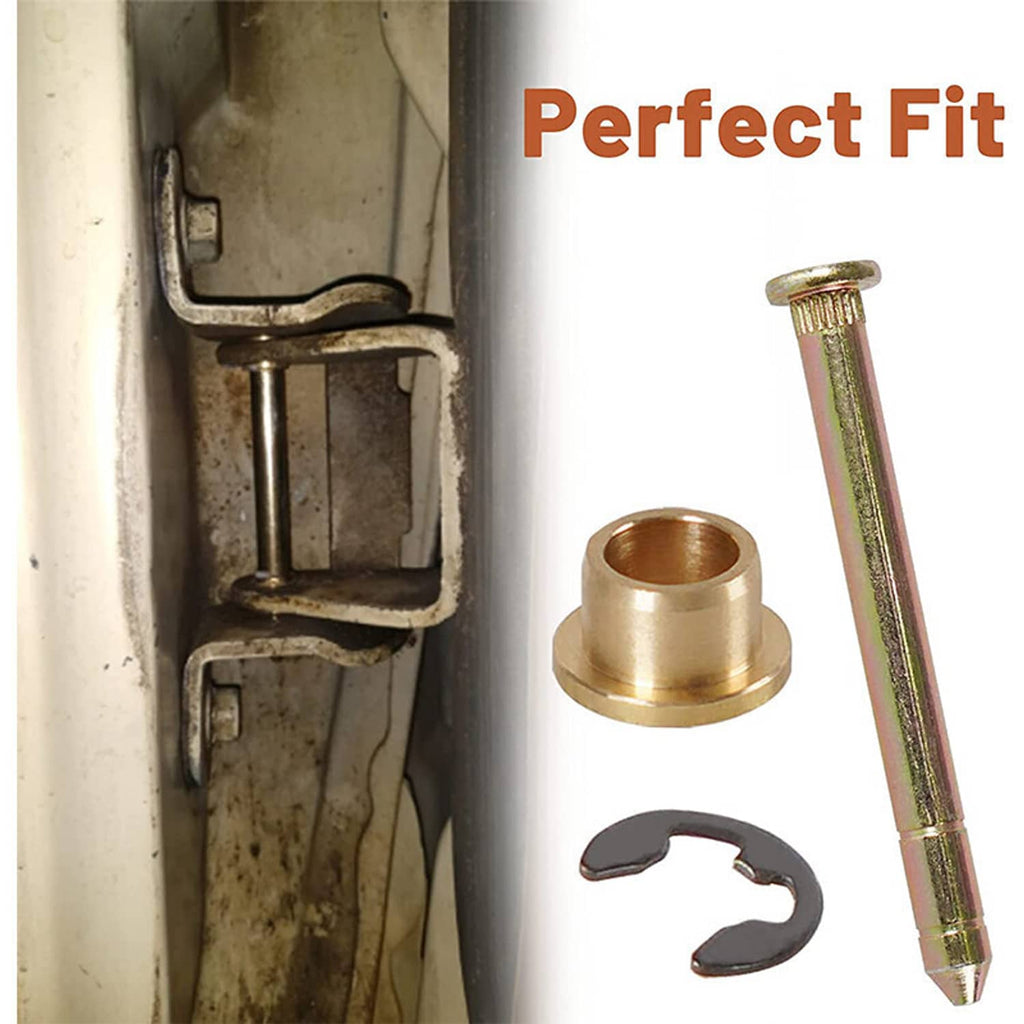 Door hinge bushing kit with brass sleeve, gold pin, and black retaining clip