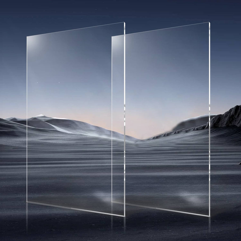 Clear acrylic sheets, two vertical rectangular panels standing upright with transparent edges.
