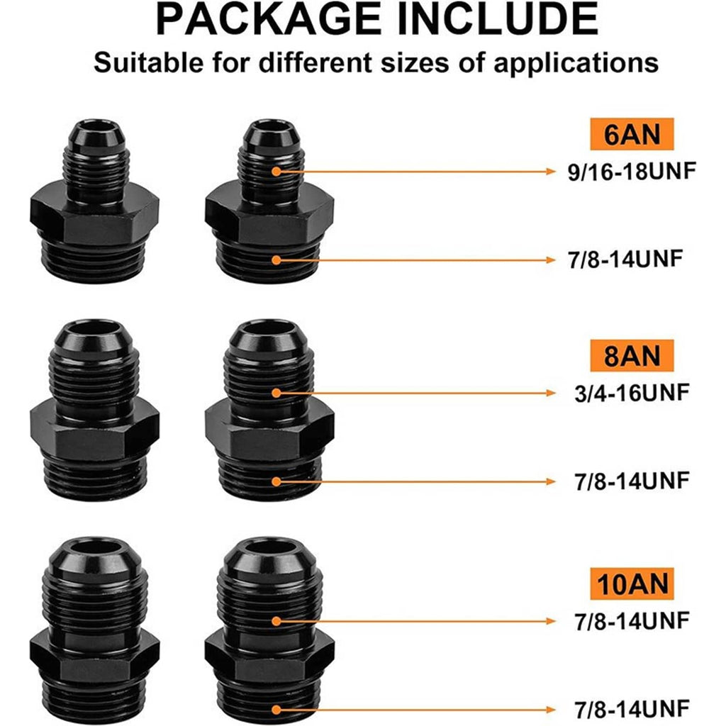 Set of black AN thread adapters and O-rings for inline fuel filter connections
