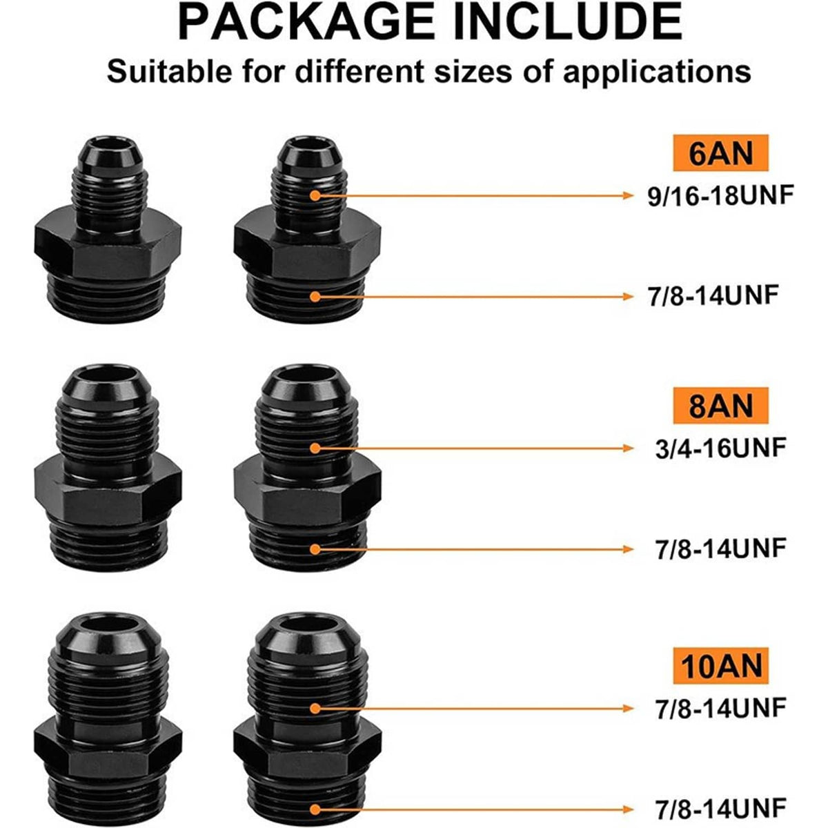 Set of black AN thread adapters and O-rings for inline fuel filter connections