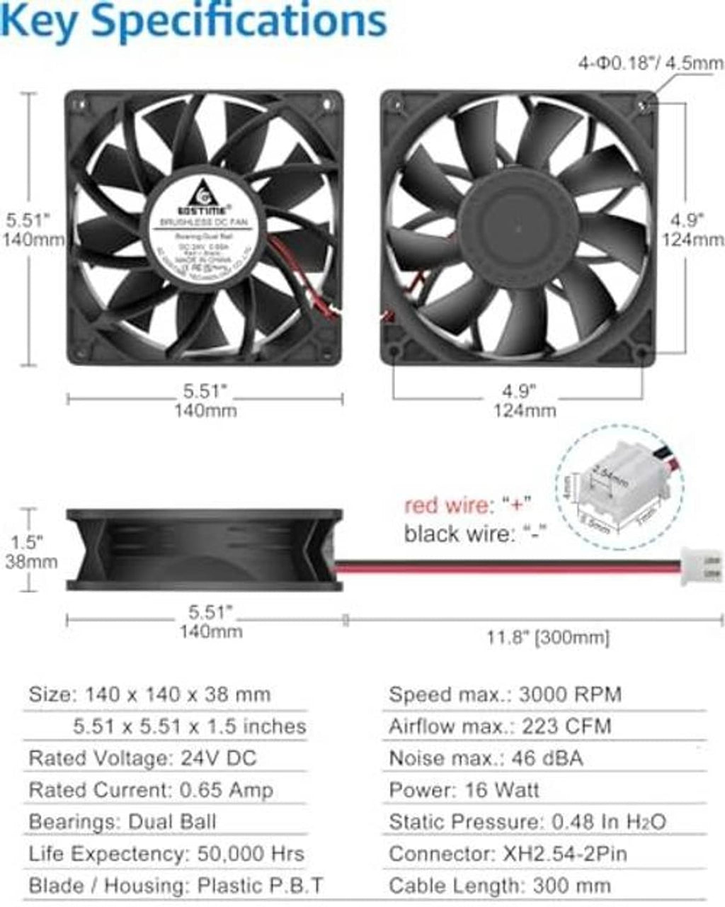 Black 140mm fan size diagram with red and black wire leads and 2-pin connector