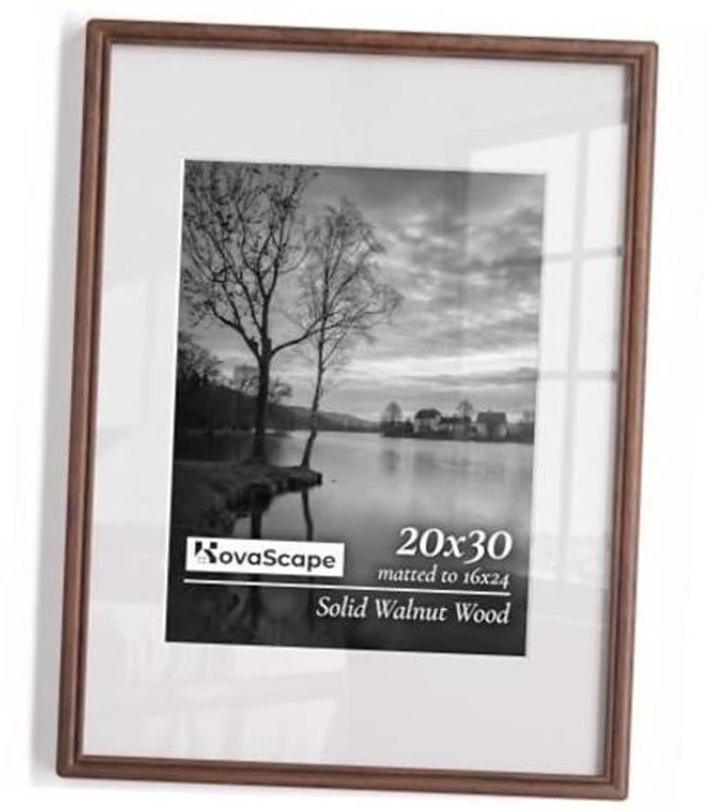 20 x 30 walnut wood picture frame with glass and white mat, front view
