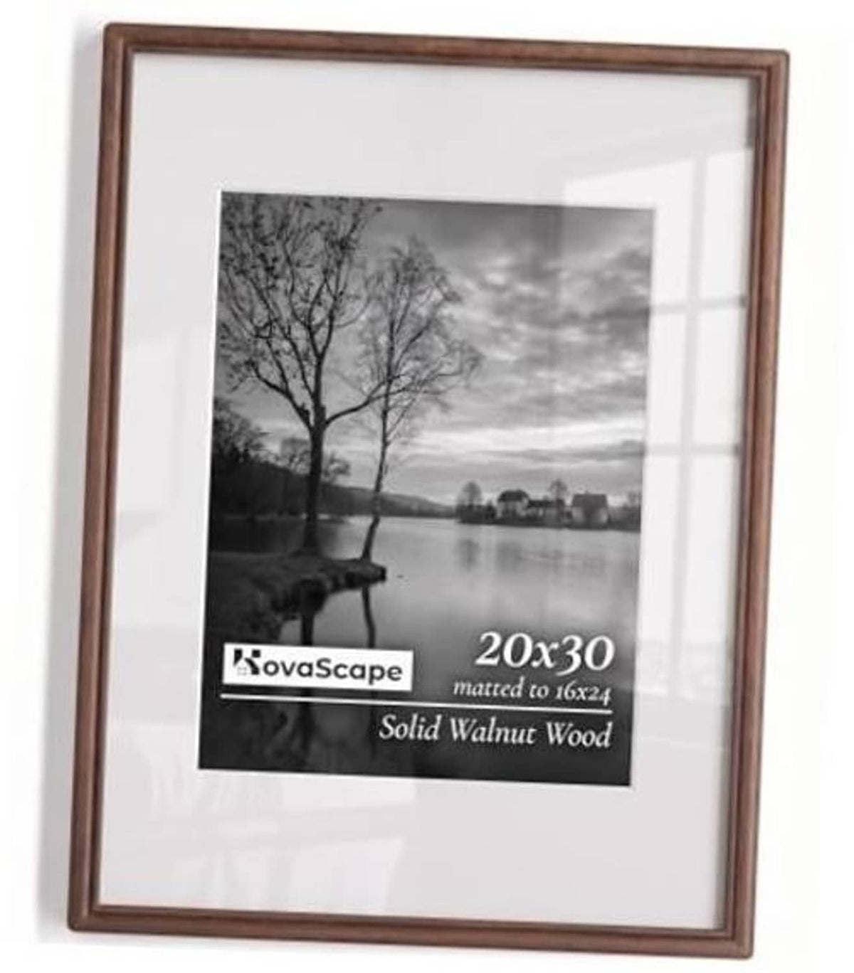 20 x 30 walnut wood picture frame with glass and white mat, front view