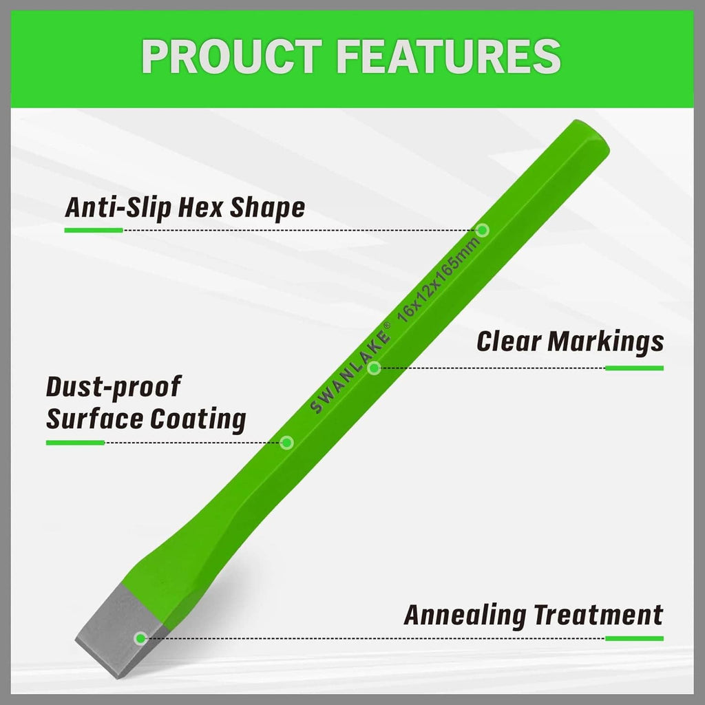 Green cold chisel set features graphic with anti-slip hex shape and clear markings