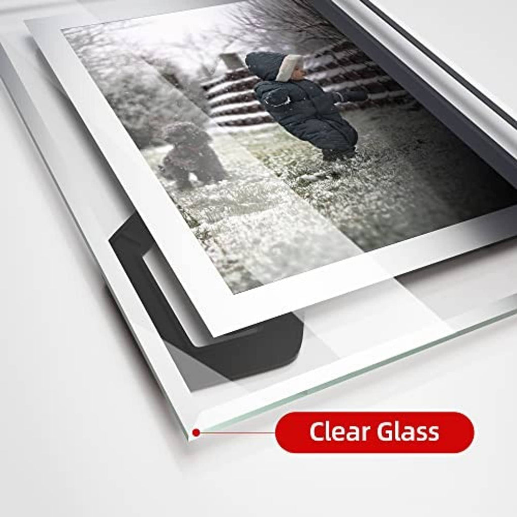 White 5x7 glass photo frame with clear glass front and layered protective edge