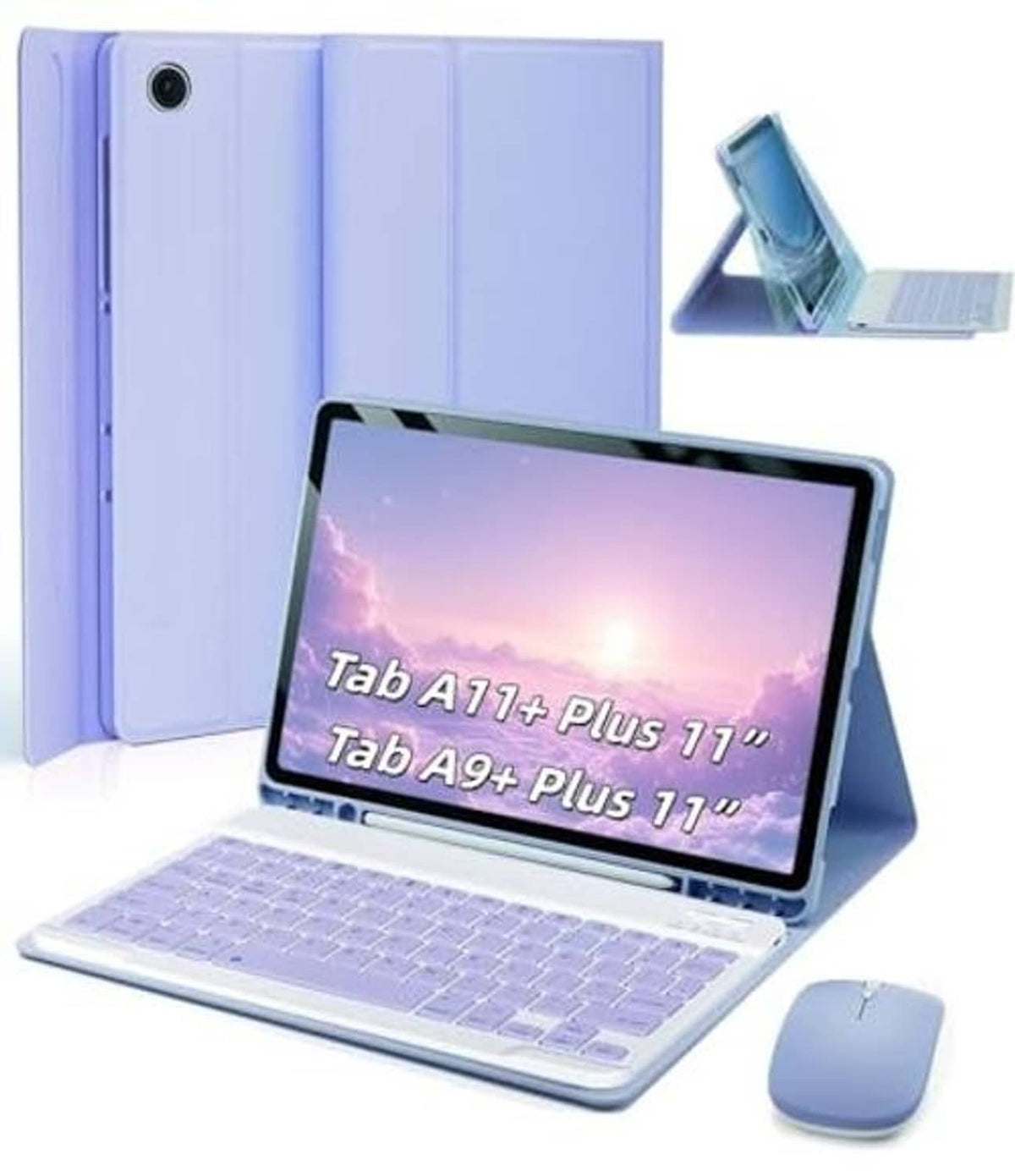 Purple tablet folio keyboard case with wireless keyboard and cover open