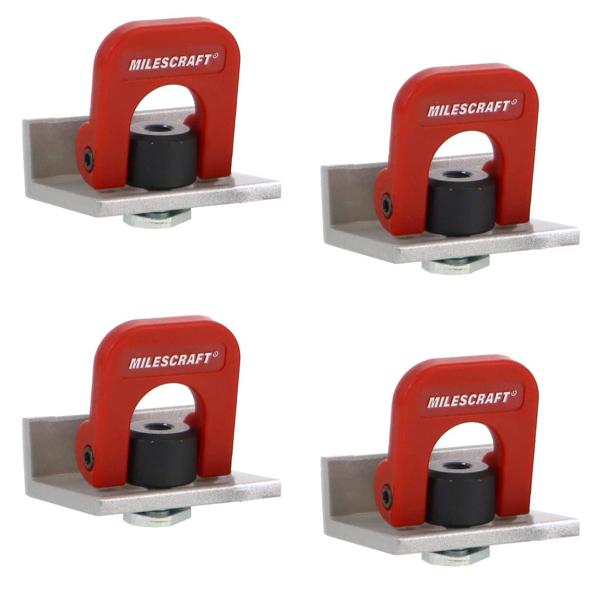 Red anodized T-track cam stops with black knobs, 4-pack—quick adjust clamp set