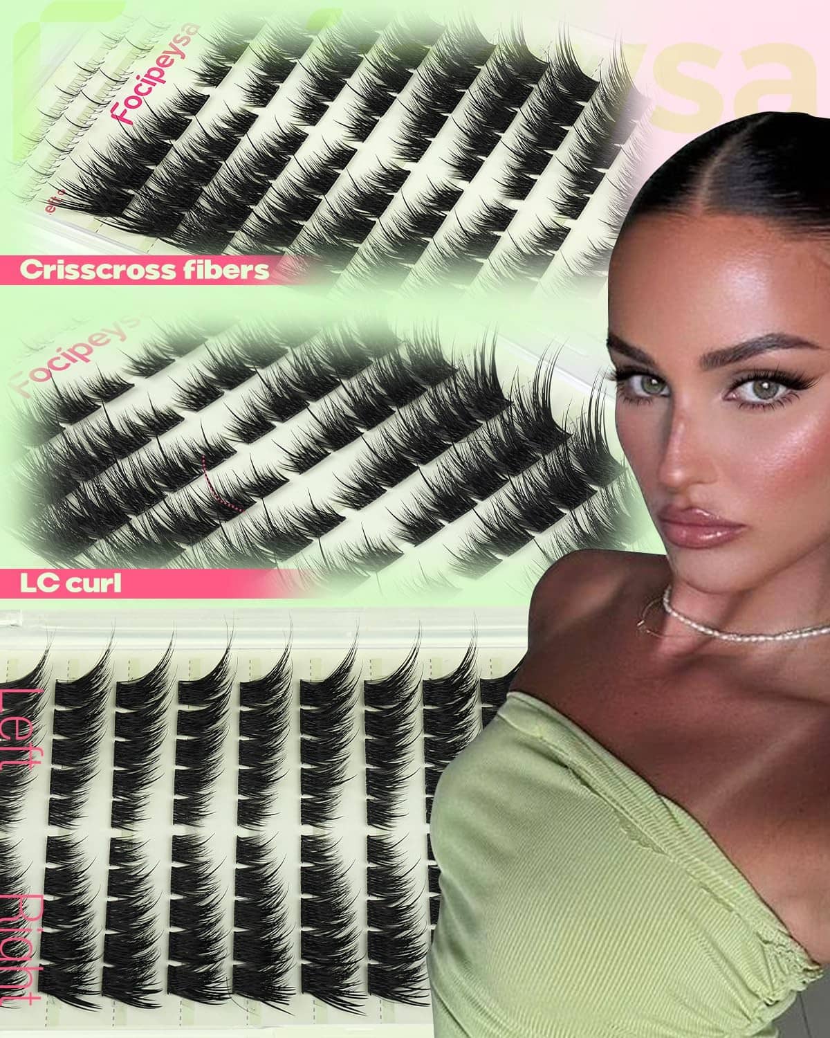 Black fox-eye lash strips with crisscross fibers in a fan-style layout