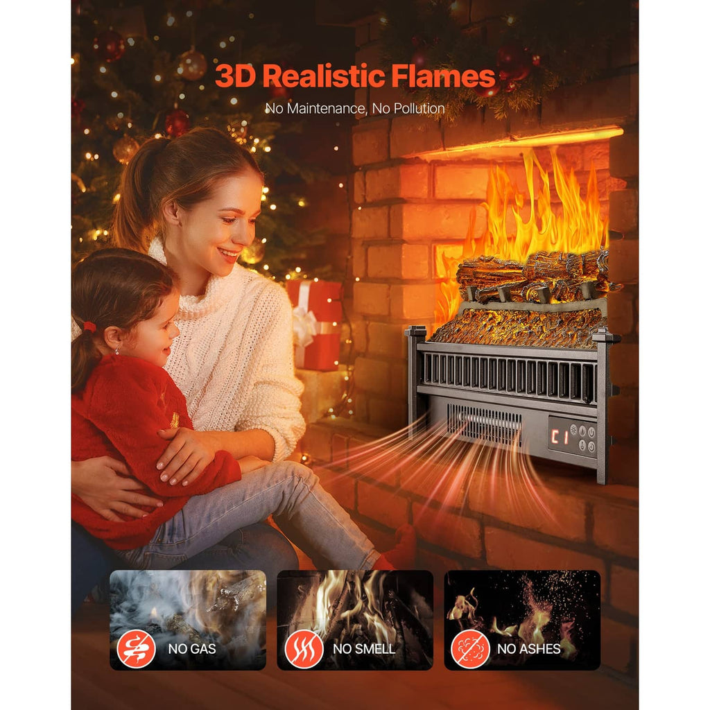 Electric log heater with 3D realistic flames, vented front grille and glowing control panel