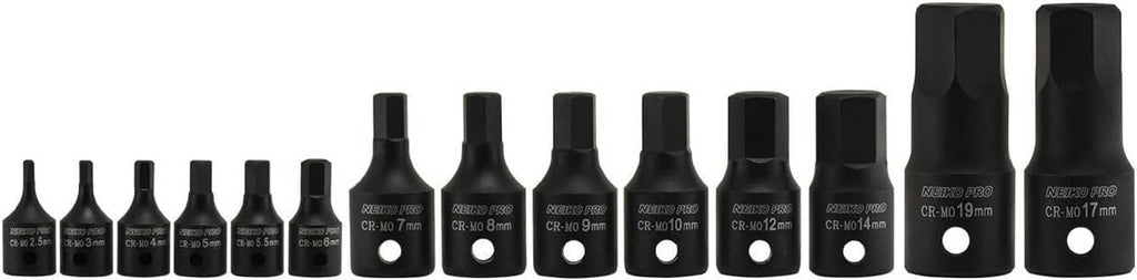 Row of black metric hex allen bit sockets with stamped size labels