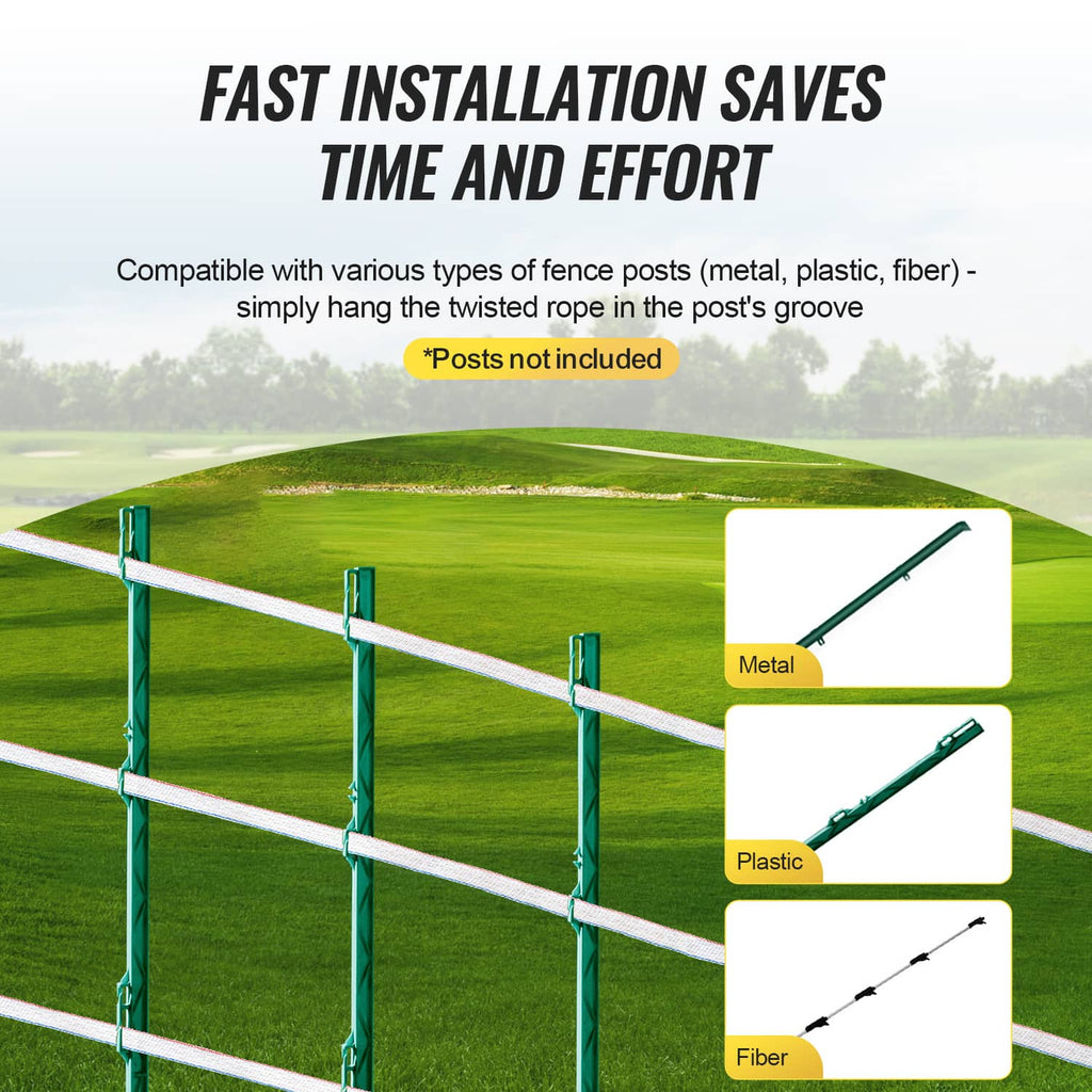 Red-white-blue electric fence tape stretched across green fence posts