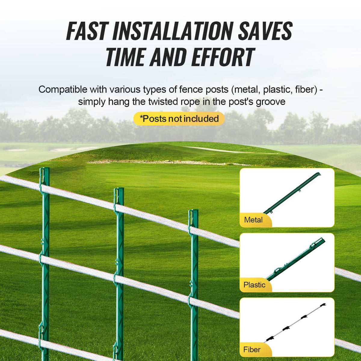 Red-white-blue electric fence tape stretched across green fence posts