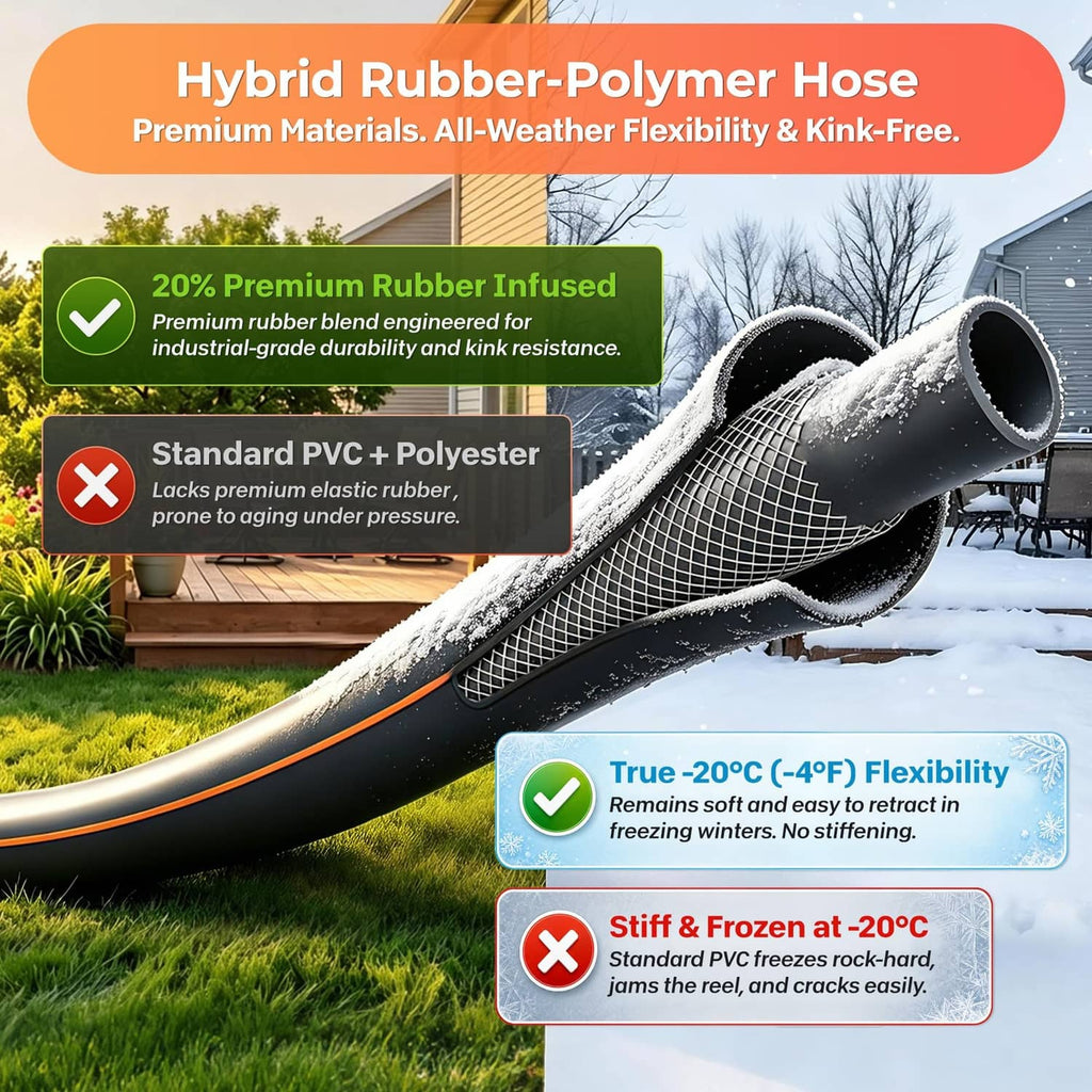 Hybrid rubber-polymer garden hose, black with orange trim, coiled and covered in snow