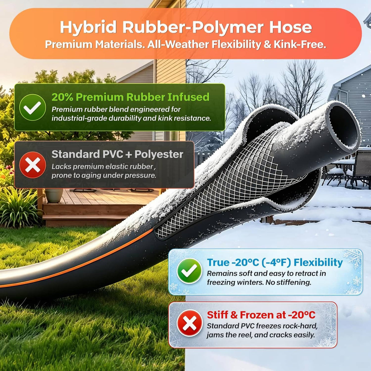 Hybrid rubber-polymer garden hose, black with orange trim, coiled and covered in snow
