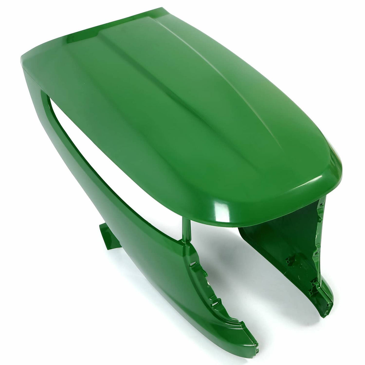 Green lawn mower front hood with curved top, vent cutout, and side mounting brackets