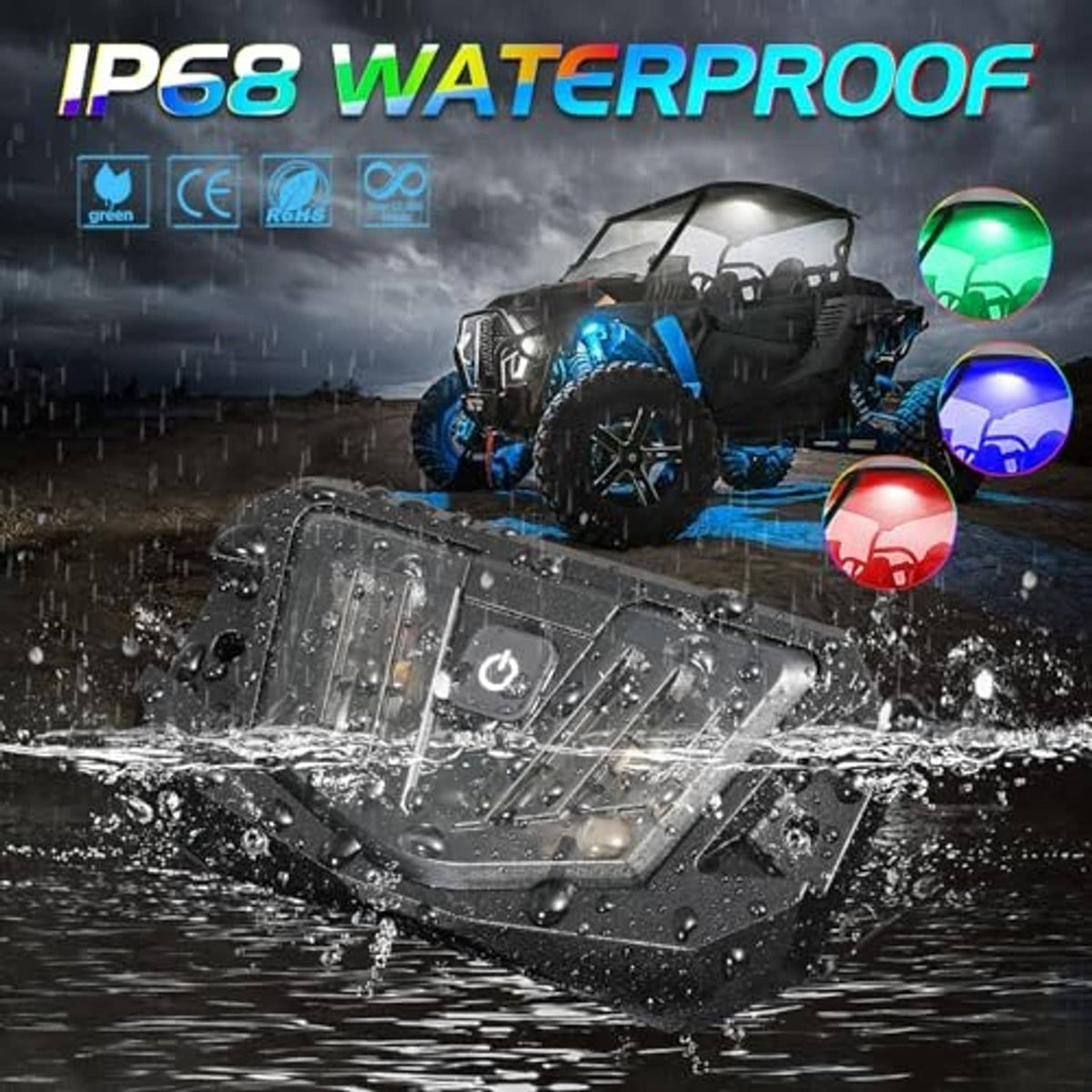 IP68-rated UTV LED dome light in gray housing with splash-damaged waterproof design