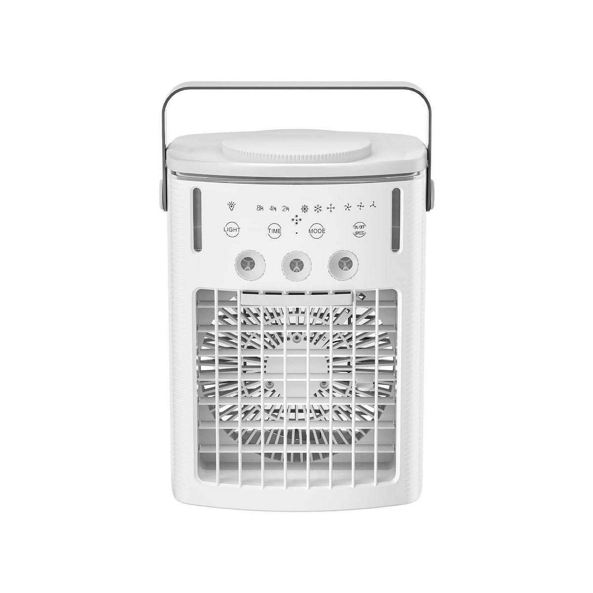 Portable air cooler with front grille and control panel, white compact design